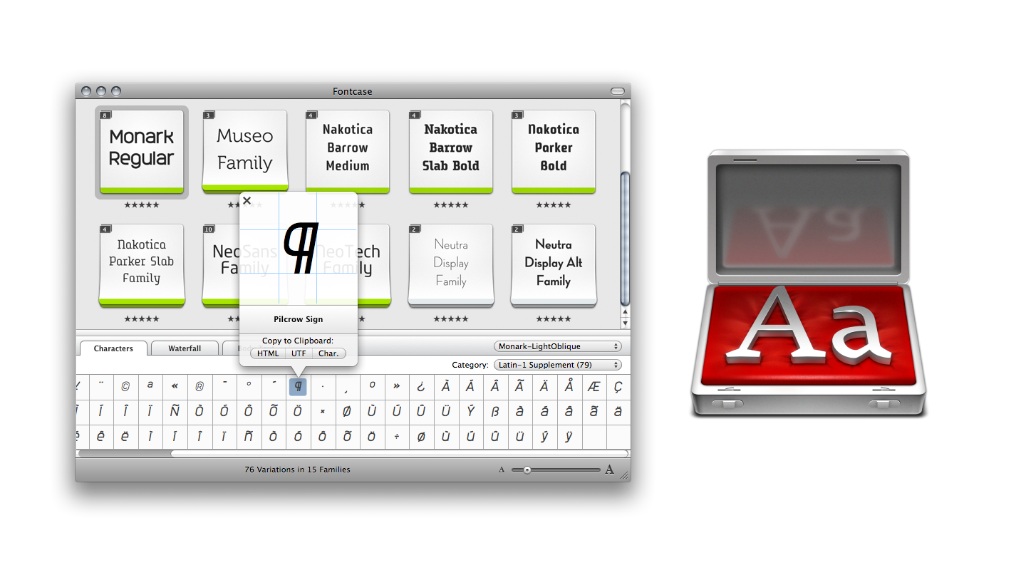 A screenshot of Fontcase, a grid of tiles representing fonts, and the logo, a suitcase lined with red felt, and silver letters inside